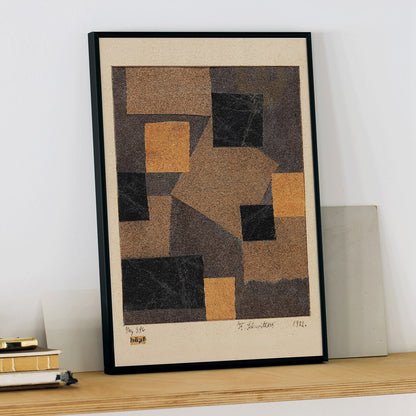 Abstract collage poster with black and brown geometric shapes by Kurt Schwitters Mz 386 Hopf Merzzeichnung, framed and displayed in home decor