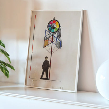 Geometric exhibition stand design by Gustavs Klucis for VKhUTEMAS featuring a colorful structure and a person below poster style, framed and displayed in home decor