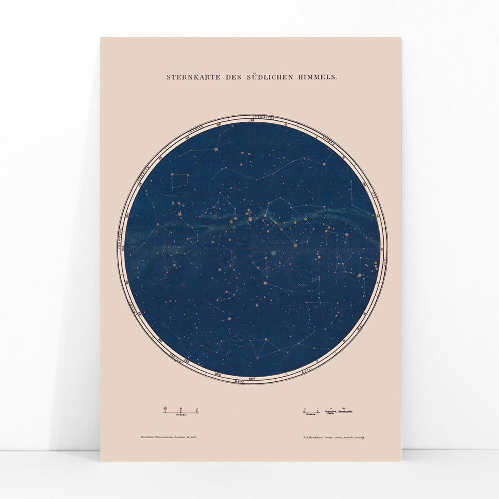 Carte des constellations star map and detailed constellation poster by The Institute of Liepzig southern sky artwork, framed and displayed in modern living room decor