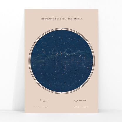 Carte des constellations star map and detailed constellation poster by The Institute of Liepzig southern sky artwork, framed and displayed in modern living room decor