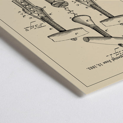 Closeup detail of Corkscrew Patent by TM Strait technical drawing and signature poster featuring detailed diagrams and specifications of corkscrew invention