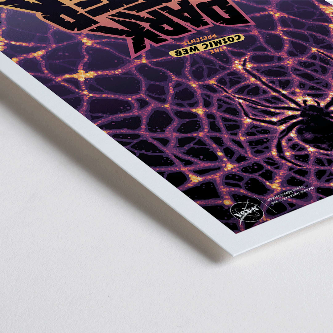 Closeup detail of NASA Dark Matter poster featuring a cosmic web and spider silhouette with vibrant colors and text reading Dark Matter Something Else is Out There
