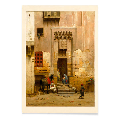 People and a horse in a sunlit Middle Eastern courtyard from The Courtyard of a house in Cairo by Willem de Famars Testas poster with architectural details, with black aluminium frame on white background