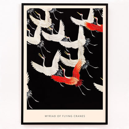 Closeup detail of Furisode with a Myriad of Flying Cranes traditional Japanese artwork poster featuring elegant white and red cranes in flight on a black background