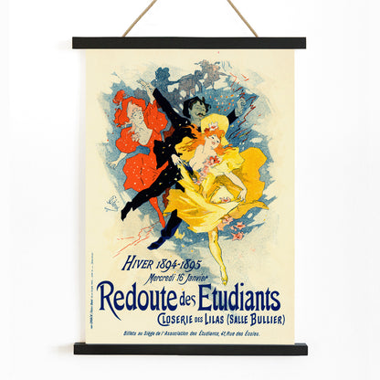 Colorful dancers in festive attire and vibrant costumes featured in Redoute Des Etudiants by Jules Cheret vintage poster with bold text, with wooden magnetic frame on white background