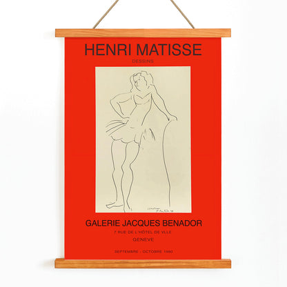 Henri Matisse minimalist line drawing of standing figure for Exposition Matisse poster at Galerie Jacques Benador Geneve exhibition, with wooden magnetic frame on white background