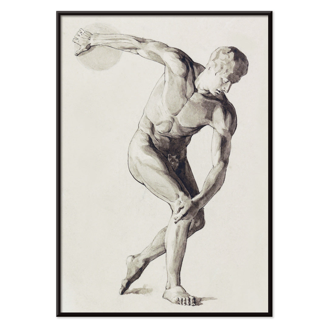 Discus Thrower by Jan Veth classical male athlete in dynamic discus throwing pose artwork and poster, with black aluminium frame on white background