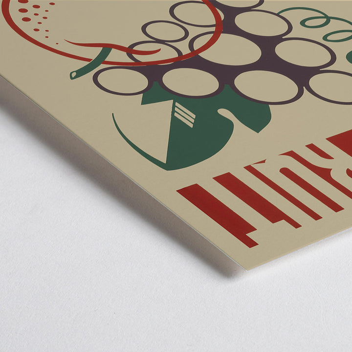 Closeup detail of Work Projects Administration Eat Fruit Be Healthy poster with bold red type and stylized fruit