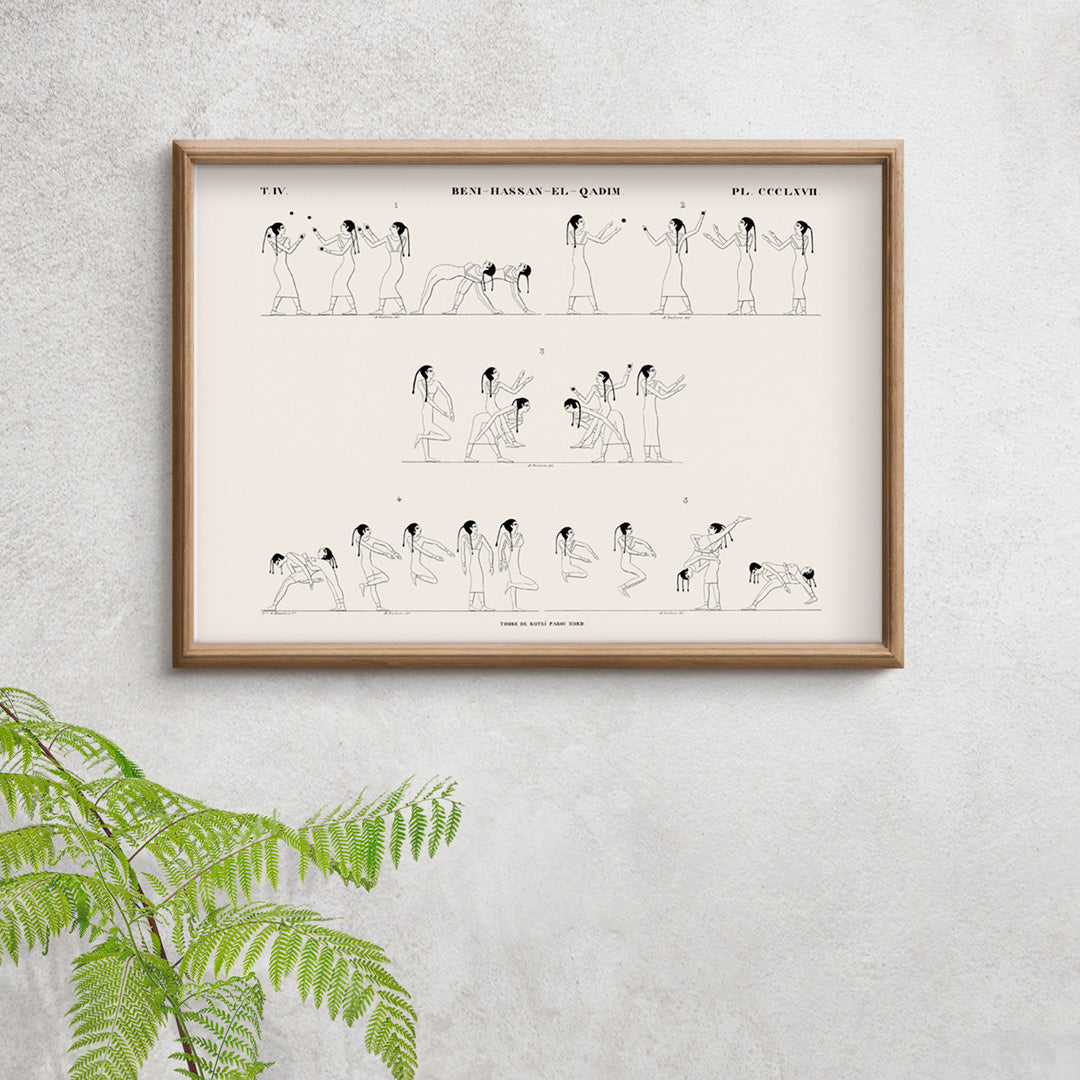 Ancient Egyptian wrestling scene and poster with line drawings from Tomb of Rotei north wall by Jean Francois Champollion, framed and displayed in home decor