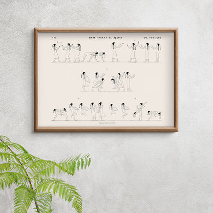 Ancient Egyptian wrestling scene and poster with line drawings from Tomb of Rotei north wall by Jean Francois Champollion, framed and displayed in home decor