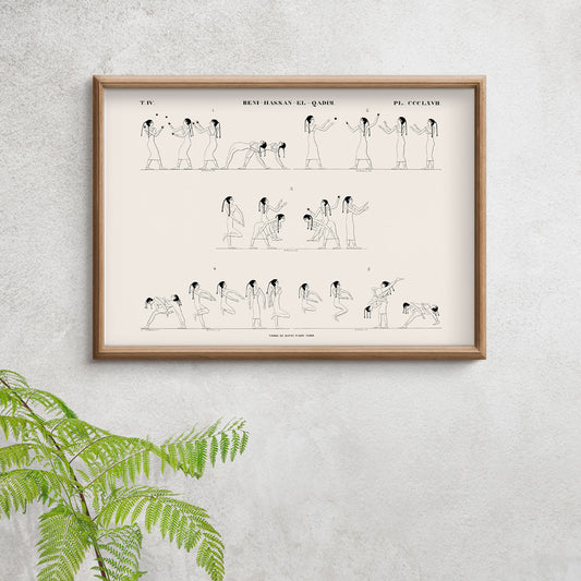 Ancient Egyptian wrestling scene and poster with line drawings from Tomb of Rotei north wall by Jean Francois Champollion, framed and displayed in home decor