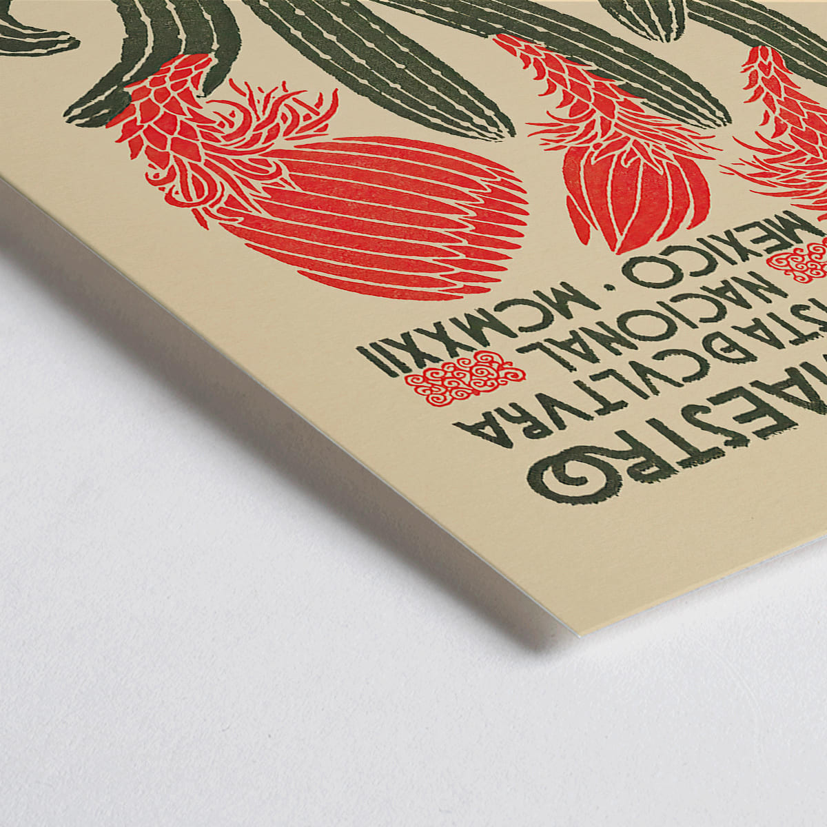 Closeup detail of Vibrant cover art of El Maestro Revista de cultura nacional Mexico featuring red flowers and green cacti by Jose Posada