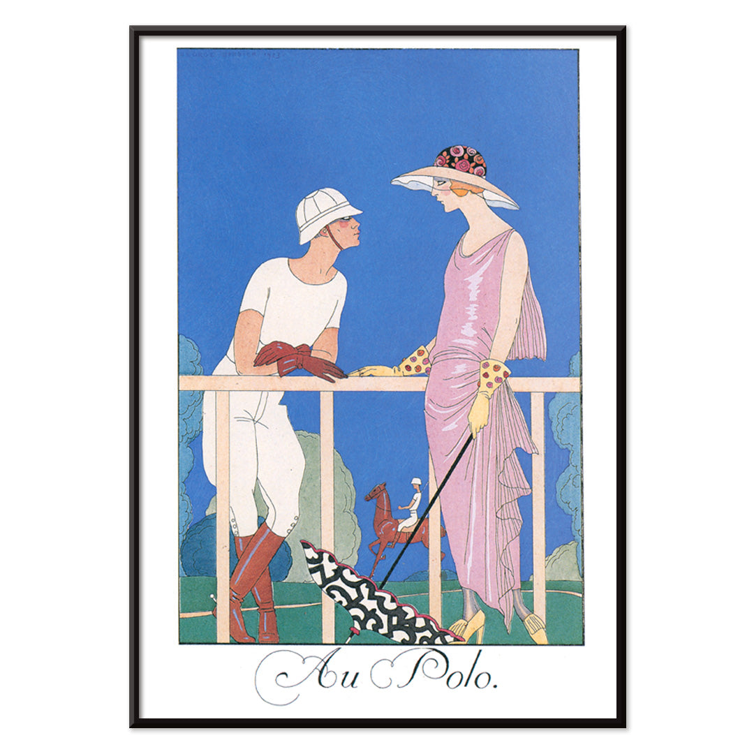 Elegant couple and elegantly dressed man and woman at a polo match fashion illustration and artwork Au Polo by George Barbier, with black aluminium frame on white background