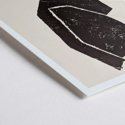 Closeup detail of Ardoises Empreintes exhibition poster by Raoul Ubac featuring black abstract shapes and design on white from Galerie Maeght Paris