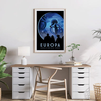 Futuristic underwater scene on Europa with giant tentacled creatures diver and people observing life under the ice by NASA, framed and displayed in home decor