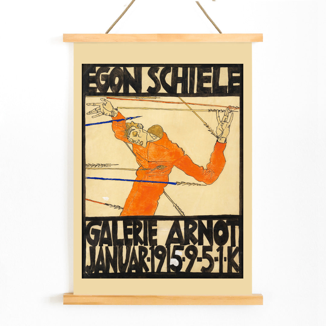 Expressionist poster by Egon Schiele featuring a contorted orange figure with bold black text Schiele-Ausstellung in der Galerie Arnot, with wooden magnetic frame on white background