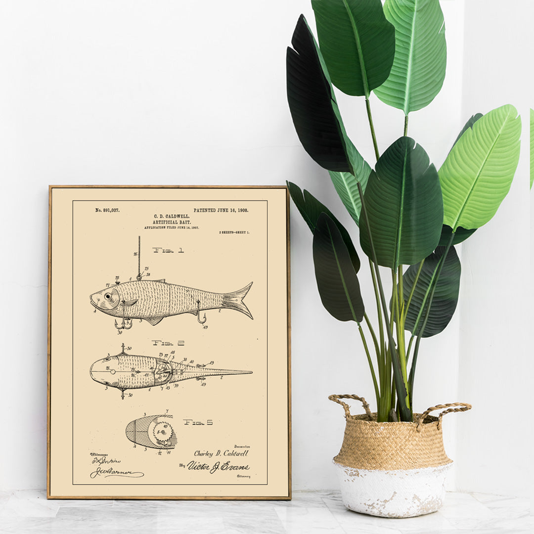 Artificial Bait Patent by C D Caldwell detailed vintage fish lure illustration and mechanical design poster artwork, framed and displayed in home decor