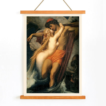 The Fisherman And The Syren by Frederic Leighton poster showing a fisherman embraced by a mermaid in a mythological scene, with wooden magnetic frame on white background