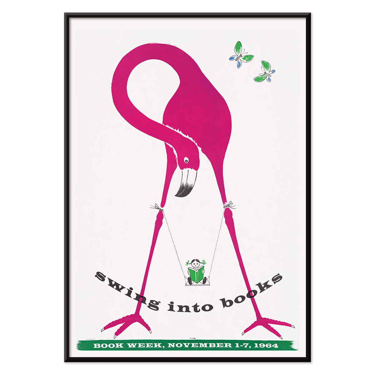 Pink flamingo holding a swinging book with butterflies and a monkey art poster titled Swing into Books, with black aluminium frame on white background