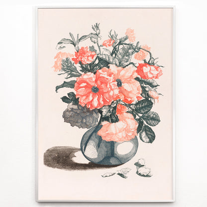 Closeup detail of Glass vase with pink flowers and scattered petals still life poster inspired by Jean Baptiste Monnoyer