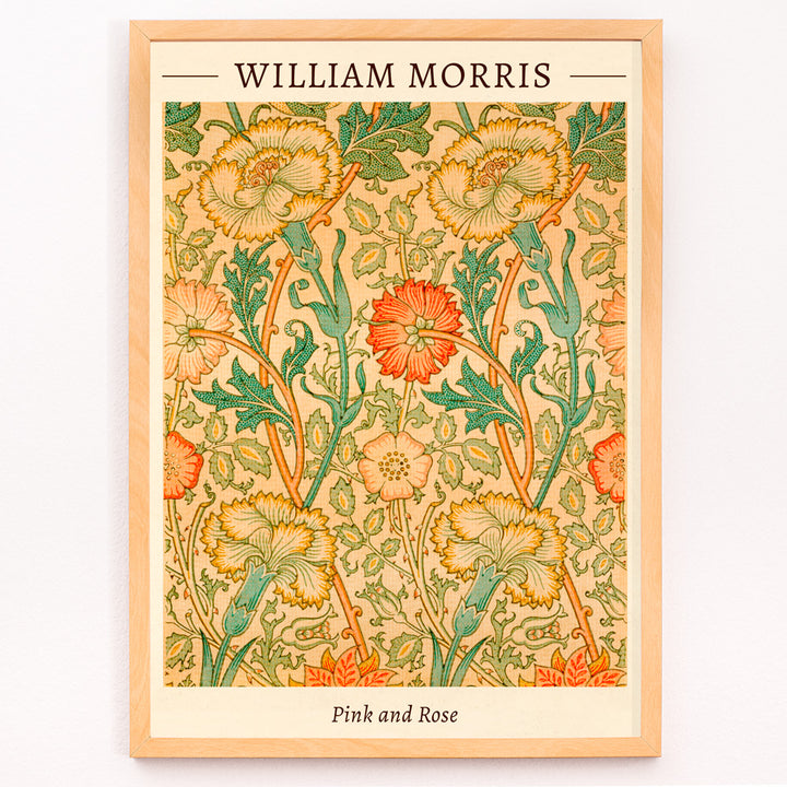 Closeup detail of Floral pattern artwork Pink and Rose by William Morris with intricate botanical design decorative leaves and detailed flowers poster