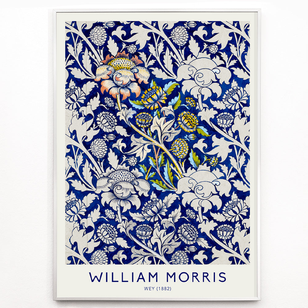 Closeup detail of Floral fabric pattern and watercolour poster with intricate blue and white design by William Morris Wey
