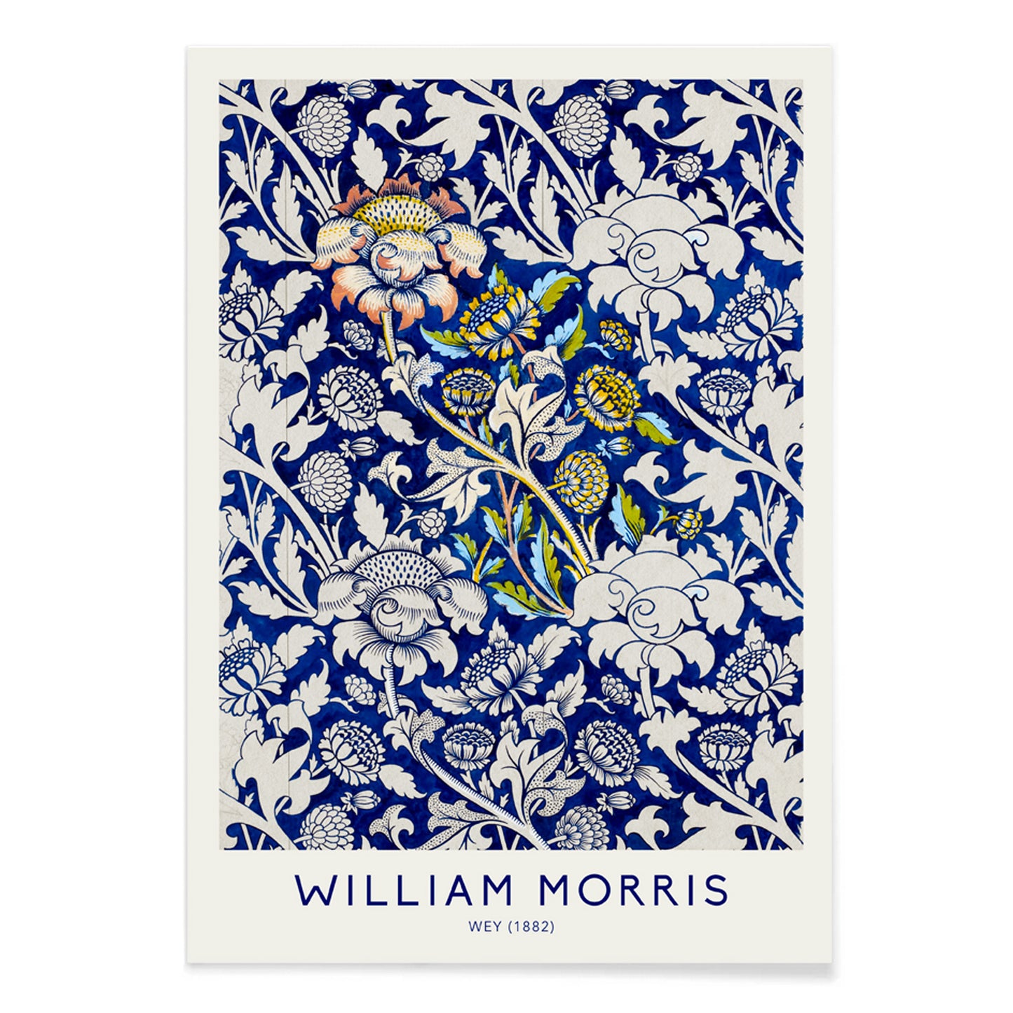 Floral fabric pattern and watercolour poster with intricate blue and white design by William Morris Wey, with black aluminium frame on white background