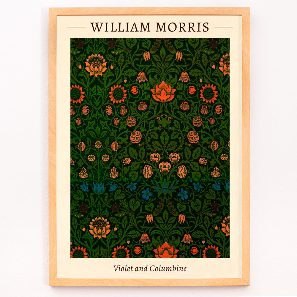 Closeup detail of Floral pattern artwork poster titled Violet and Columbine by William Morris featuring intricate botanical designs with vivid green and orange tones