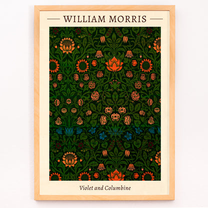 Closeup detail of Floral pattern artwork poster titled Violet and Columbine by William Morris featuring intricate botanical designs with vivid green and orange tones