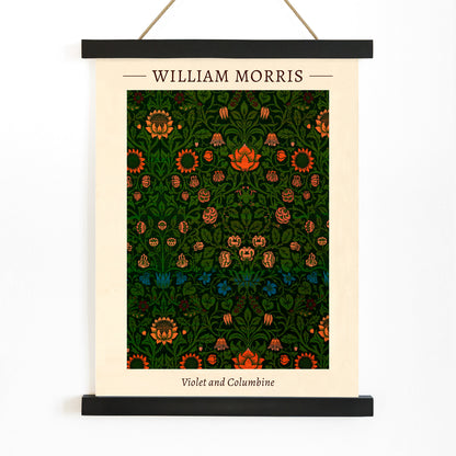 Floral pattern artwork poster titled Violet and Columbine by William Morris featuring intricate botanical designs with vivid green and orange tones, with wooden magnetic frame on white background