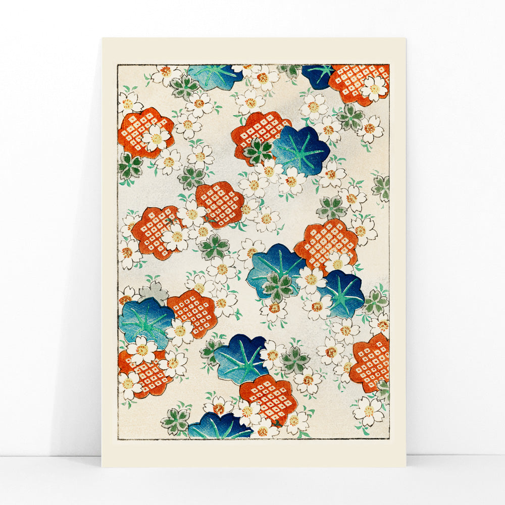 Colorful floral pattern artwork by Watanabe Seitei from Bijutsu Sekai featuring traditional Japanese design with colorful blossoms and leaves on a light background, framed and displayed in modern living room decor