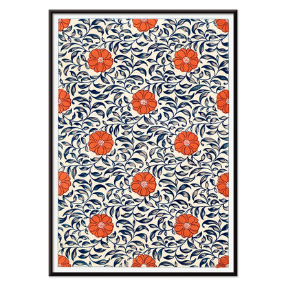 Floral pattern artwork by Owen Jones titled Flower pattern Examples of Chinese Ornament featuring red flowers and blue leaves, with black aluminium frame on white background