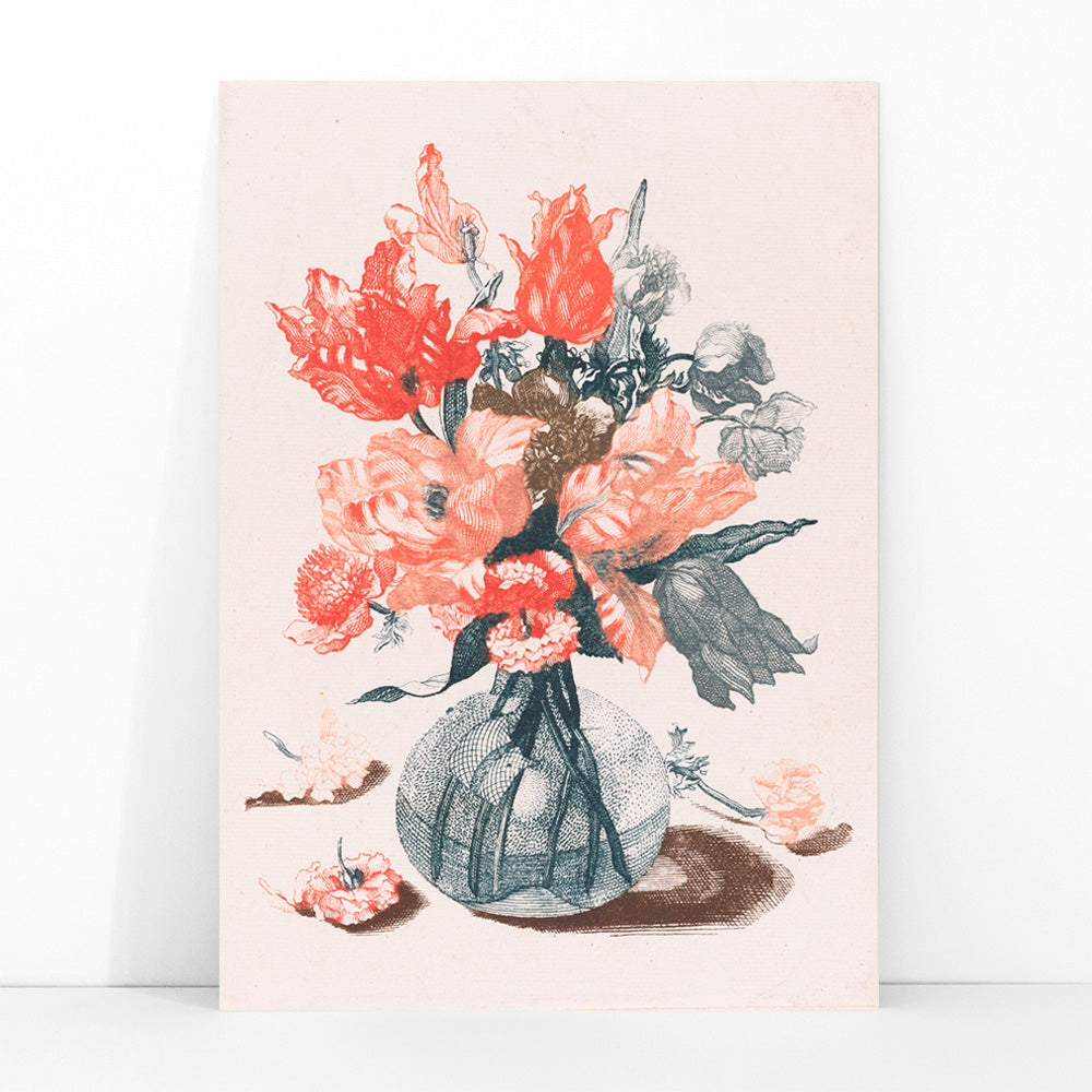 Colorful vibrant floral arrangement in a glass vase artwork and poster by Jean Baptiste Monnoyer from Five Prints of Flowers in Glass Vases, framed and displayed in modern living room decor