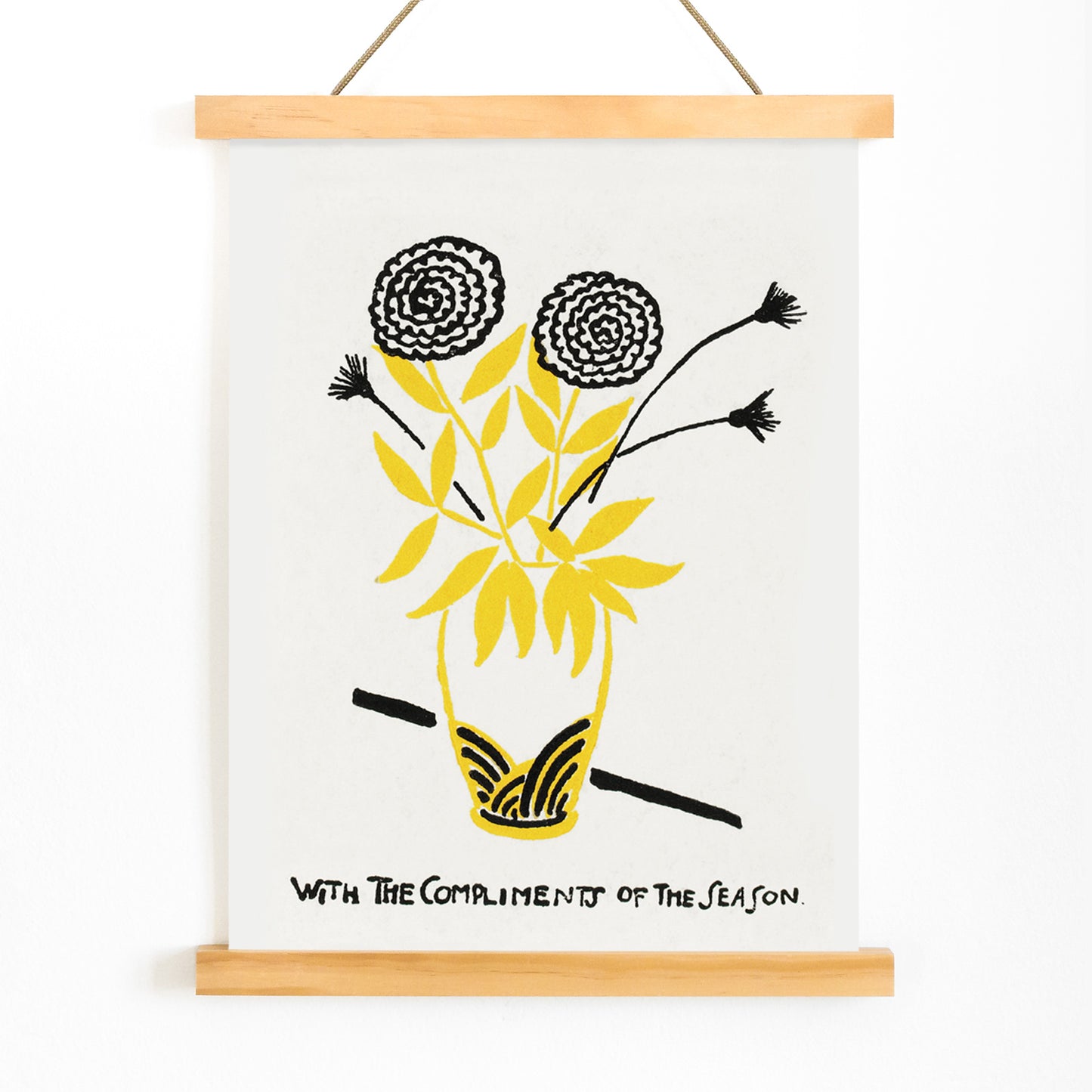 Yellow and black floral arrangement illustration and abstract flower poster in a vase with text With the Compliments of the Season by Henry Lyman Sayen, with wooden magnetic frame on white background