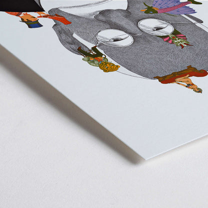 Closeup detail of Surreal Sigmund Freud portrait and poster with colorful whimsical illustrations by Seymour Chwast