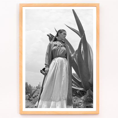 Closeup detail of Frida Kahlo standing by agave plant black and white photograph and poster by Toni Frissell titled Senora Diego Rivera