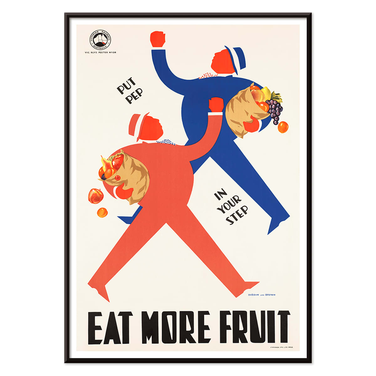 Colorful WPA Health Department illustration and poster promoting fruit consumption with stylized figures carrying baskets and the message Eat More Fruit, with black aluminium frame on white background