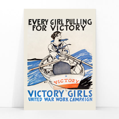 Woman rowing a boat in sailor uniform promoting war effort Victory Girls United War Work Campaign poster by Edward Penfield, framed and displayed in modern living room decor