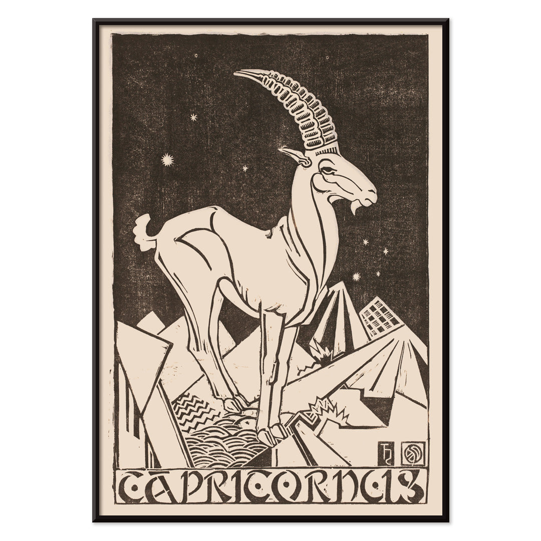 Capricorn zodiac sign illustration and poster featuring a stylized goat under stars in an abstract landscape artwork titled Capricornus by Henri van der Stok, with black aluminium frame on white background