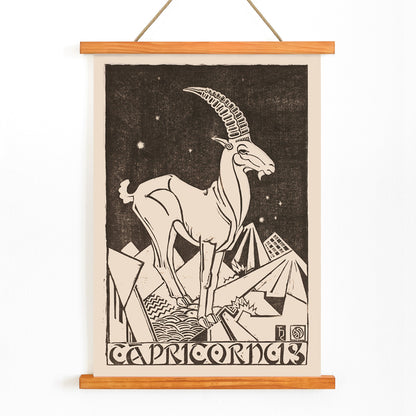 Capricorn zodiac sign illustration and poster featuring a stylized goat under stars in an abstract landscape artwork titled Capricornus by Henri van der Stok, with wooden magnetic frame on white background