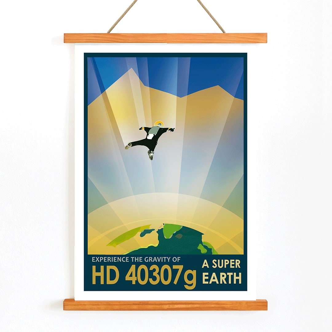 Astronaut skydiving above alien landscape HD 40307g super earth by NASA space exploration poster, with wooden magnetic frame on white background