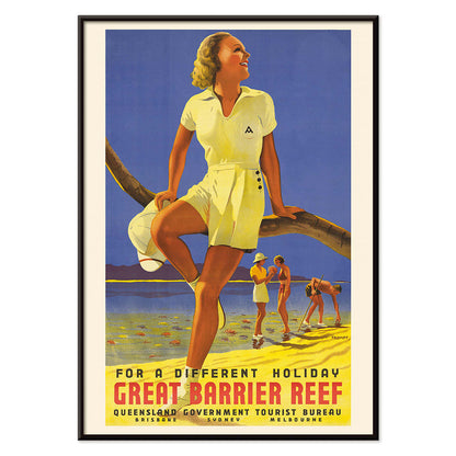 Vintage travel poster by Percival Albert Trompf showing a woman sitting on a branch at the Great Barrier Reef with people enjoying the beach in the background, with black aluminium frame on white background