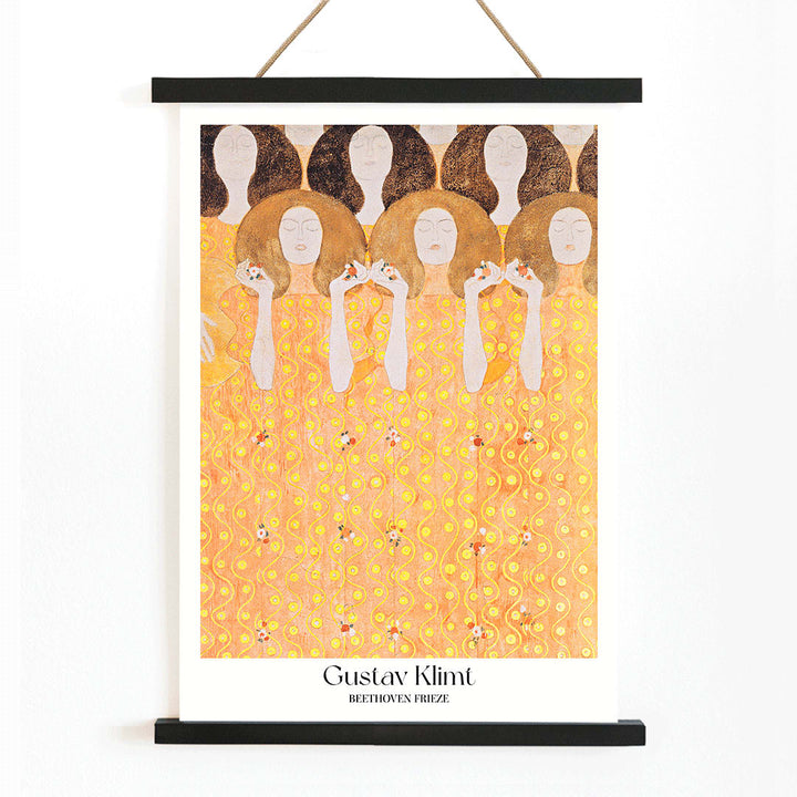 Beethoven Frieze by Gustav Klimt featuring women in flowing yellow gowns with intricate golden and orange patterns and faceless figures, with wooden magnetic frame on white background