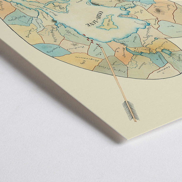 Closeup detail of Joseph Husson Map of a Womans Heart 2 poster featuring a heart shaped map with an arrow, soft pastel blue and beige details, vintage style