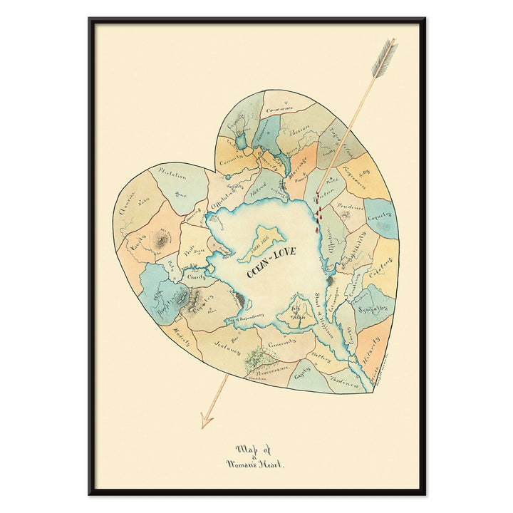 Joseph Husson Map of a Womans Heart 2 poster featuring a heart shaped map with an arrow, soft pastel blue and beige details, vintage style, with black aluminium frame on white background