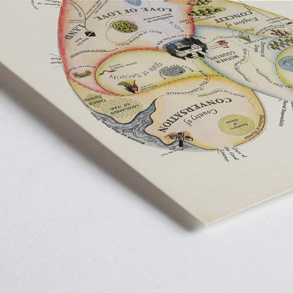 Closeup detail of Heart shaped map illustration and poster Geographical Guide to a Womans Heart by Jo Lowery whimsical map of emotions in the shape of a heart