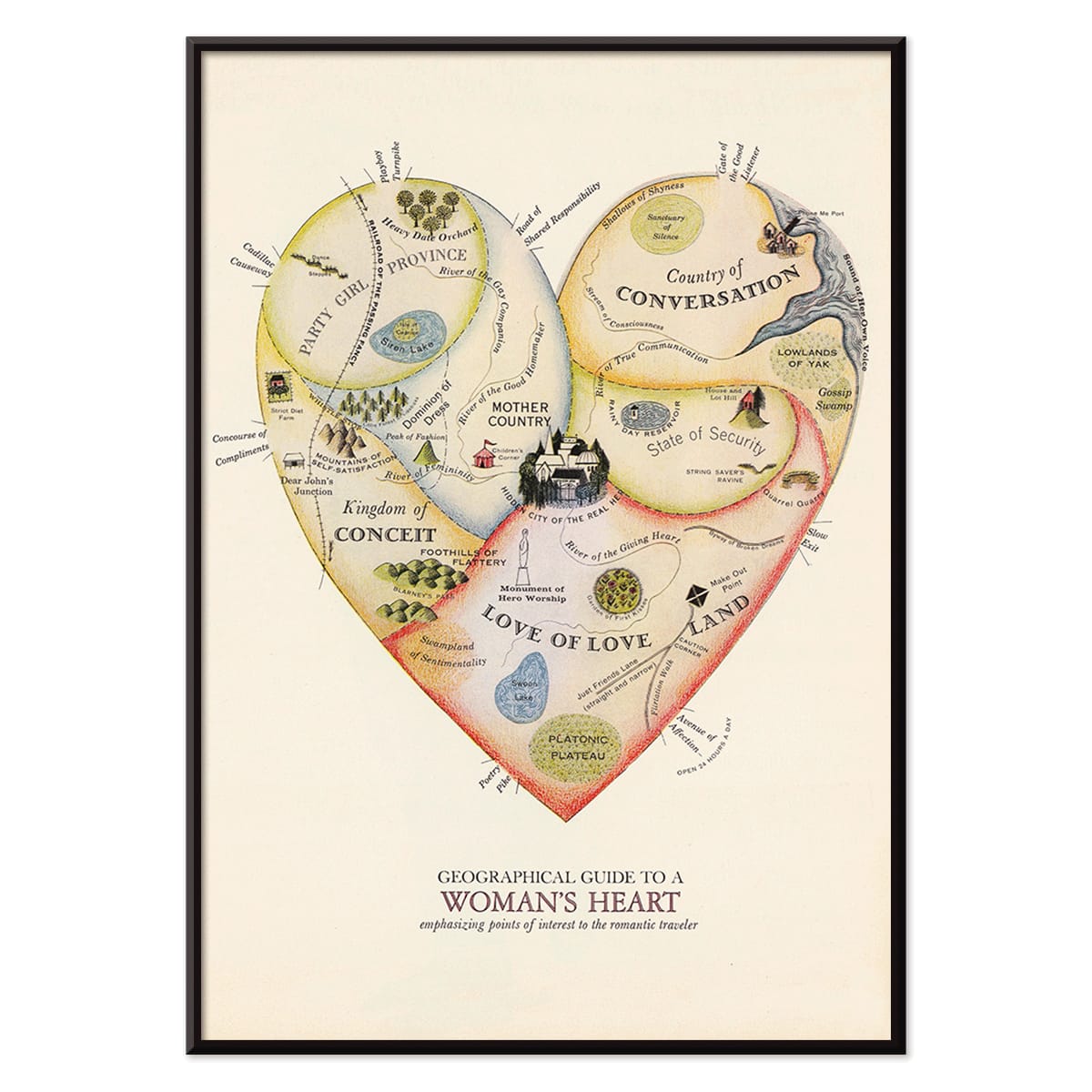 Heart shaped map illustration and poster Geographical Guide to a Womans Heart by Jo Lowery whimsical map of emotions in the shape of a heart, with black aluminium frame on white background