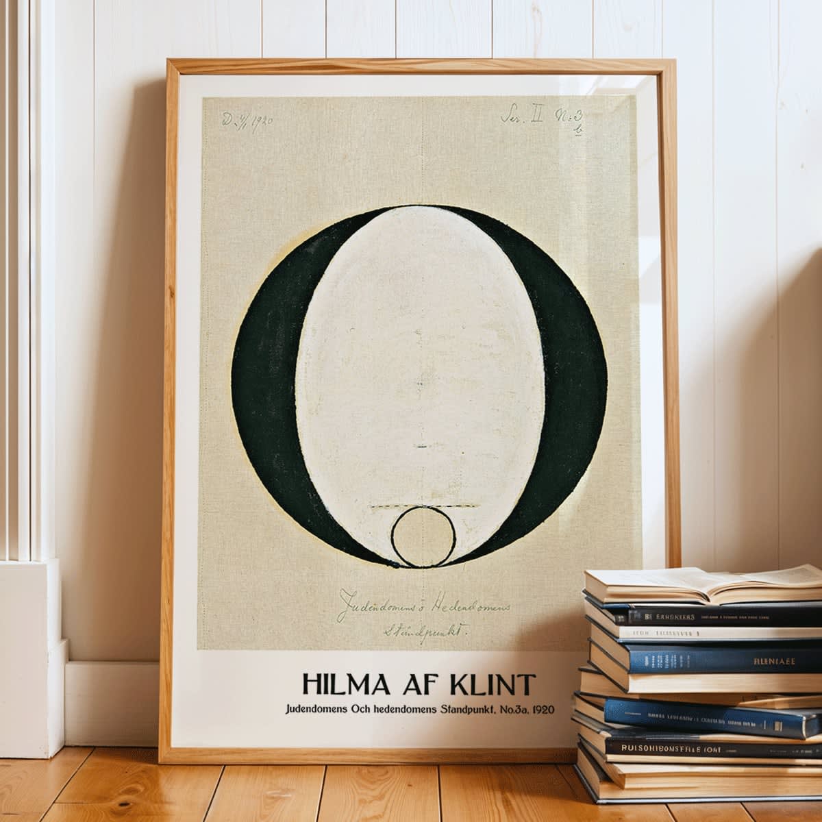 Abstract geometric poster by Hilma af Klint titled Judaism and Paganism Standpoint featuring a large central oval shape, framed and displayed in home decor