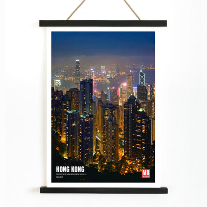 Hong Kong Nightview by Mo Art Gallery featuring a vibrant illuminated city skyline and skyscrapers at night, with wooden magnetic frame on white background