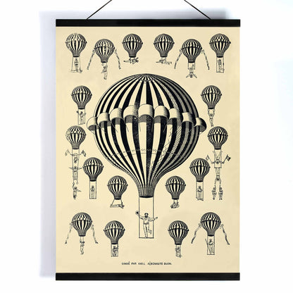 Henry La Vaulx Hot Air Balloon Study vintage scientific balloon chart with black and white striped balloons poster, with wooden magnetic frame on white background